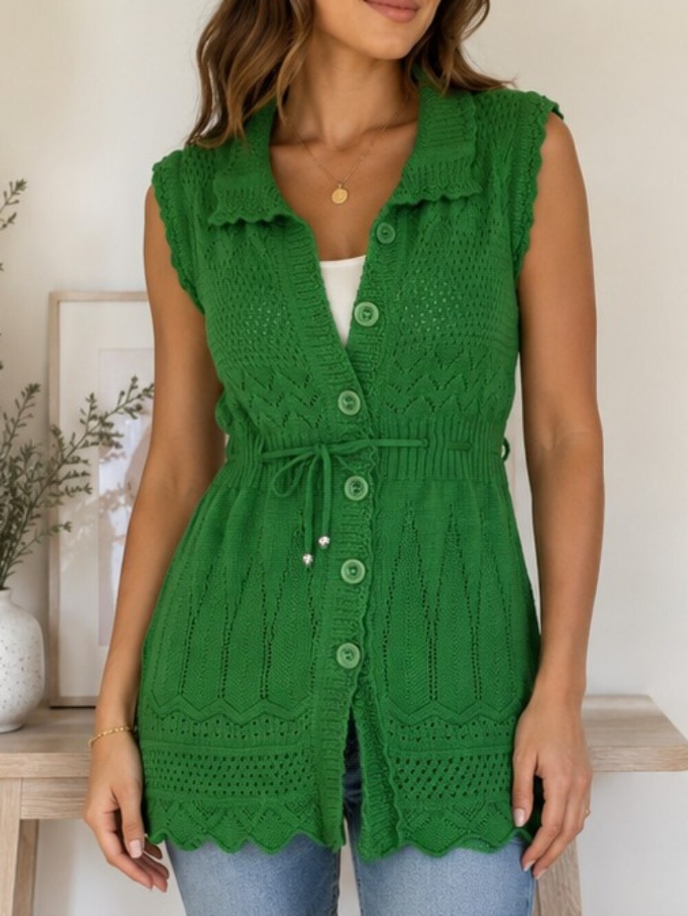 Vintage Style Kelly Green Pointelle Knit Sweater Vest Cardigan | Tie Waist